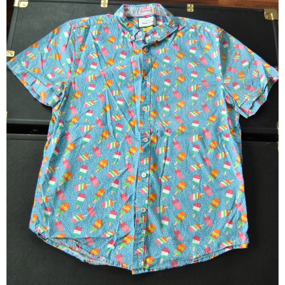 MTL Medium Light Blue Popsicle Print Short Sleeve Button Up